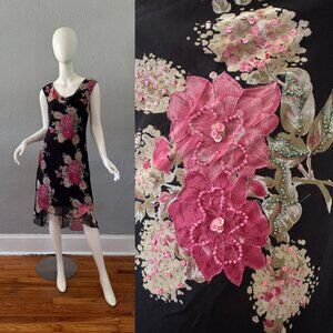 Vintage 90s Black Cowl Y2K Beaded Chiffon Floral Asymmetrical Slip Dress M